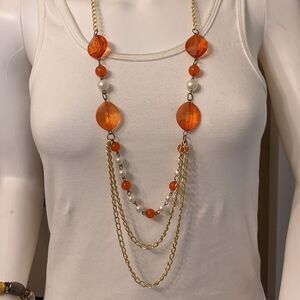 Vintage pearl & clear orange beads goldtone necklace